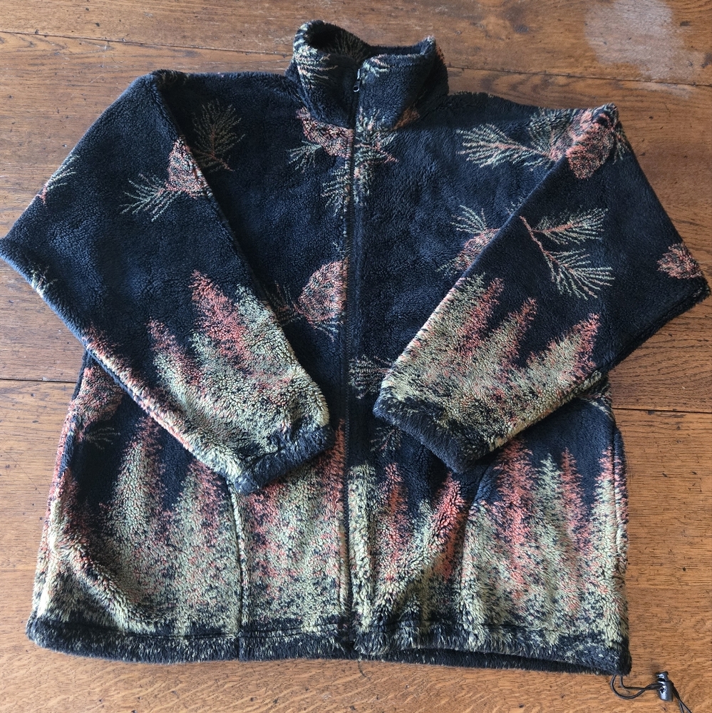 Vintage Cobblestone Canyon Black Fleece Pinecone Print Jacket Large